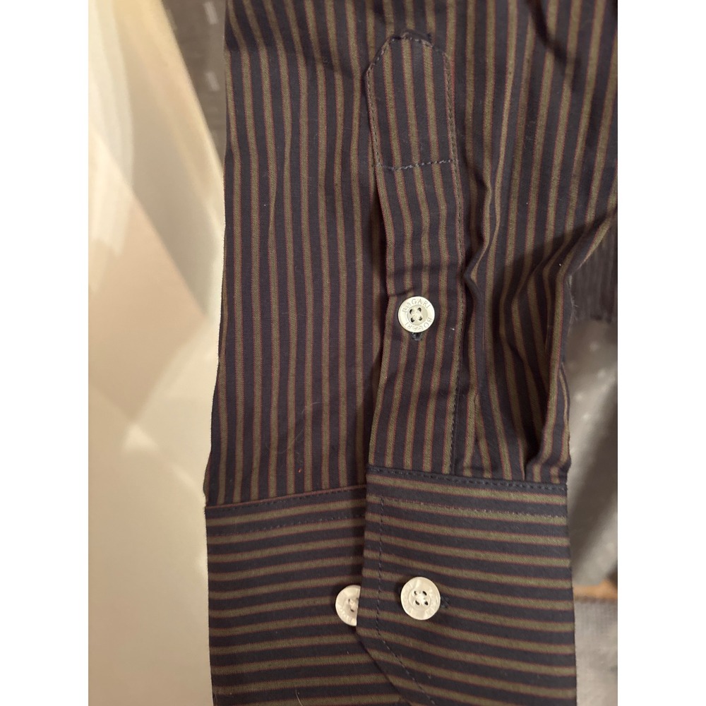 Bogari Mens Dark Brown Green Striped Cotton Button Down Shirt L 16.5 35.5 NWT - Picture 6 of 9